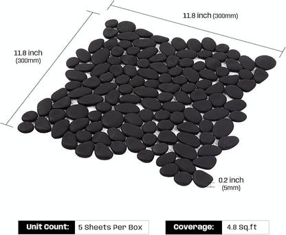 Pebble Tile for Shower Floor, 12"x12" Black Pebble Tiles, 5 SqFt | Slip-resistant Pebble Floor Tile for Bathroom, Shower, Kitchen Walls & Outdoor Areas, Mesh-Backed Easy to Install