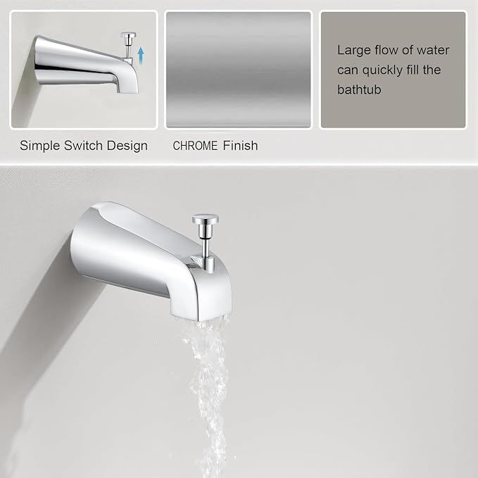 Tub Spout with Diverter, Slip On Bathtub Spout Fits 1/2'' Copper Tube(5/8'' Dia), Bathroom Tub Faucet with PTFE Tape & Hex Wrench, Chrome