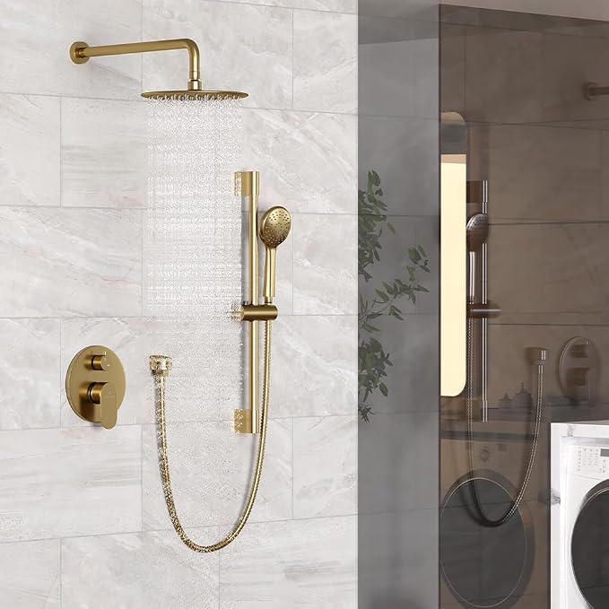 MONDAWE 9 Inch Wall Mounted Shower Faucet Set in Brushed Gold, Rainfall Shower Head with 3-Setting Handheld Spray Shower Set Combo, High Pressure Shower System with Solid Brass Valve