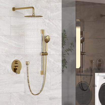 MONDAWE 9 Inch Wall Mounted Shower Faucet Set in Brushed Gold, Rainfall Shower Head with 3-Setting Handheld Spray Shower Set Combo, High Pressure Shower System with Solid Brass Valve