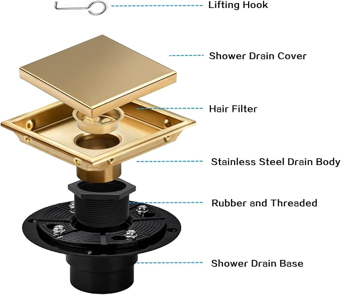 Square Shower Drain Gold 6 inch with 2 in 1 Tile-Insert Cover | AISI 304 Stainless Steel Brushed Shower Floor Drain with Removable Hair Catcher and Flange Fits Bathroom Balcony Kitchen