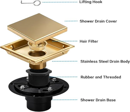 Square Shower Drain Gold 6 inch with 2 in 1 Tile-Insert Cover | AISI 304 Stainless Steel Brushed Shower Floor Drain with Removable Hair Catcher and Flange Fits Bathroom Balcony Kitchen