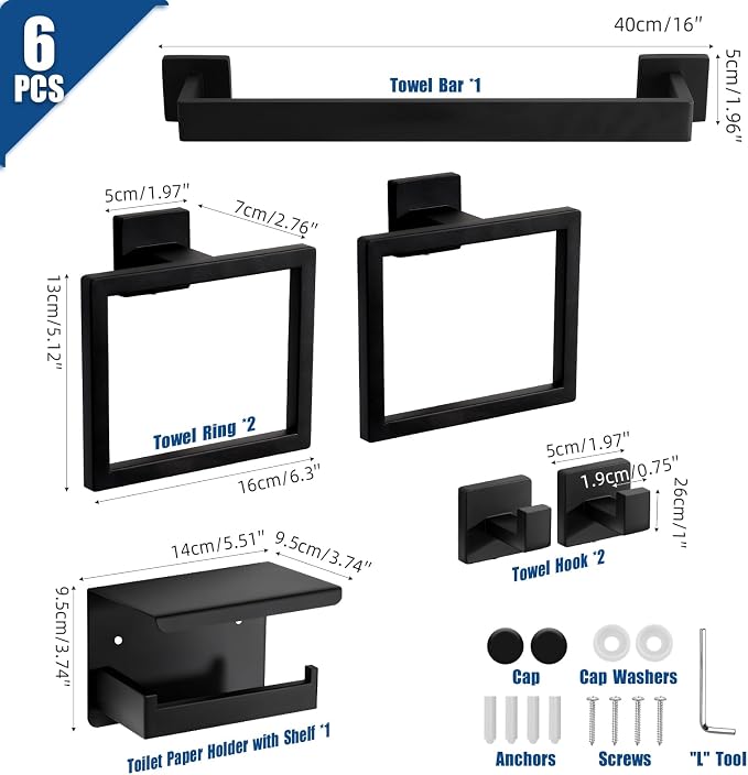 Matte Black Bathroom Hardware Set 6-Piece, Stainless Steel Black Bathroom Accessories, 16" Towel Bar, Toilet Paper Holder with Shelf, 2 Towel Rings & 2 Heavy-Duty Hooks, Wall Mounted for Bathroom