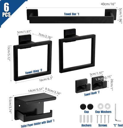 Matte Black Bathroom Hardware Set 6-Piece, Stainless Steel Black Bathroom Accessories, 16" Towel Bar, Toilet Paper Holder with Shelf, 2 Towel Rings & 2 Heavy-Duty Hooks, Wall Mounted for Bathroom
