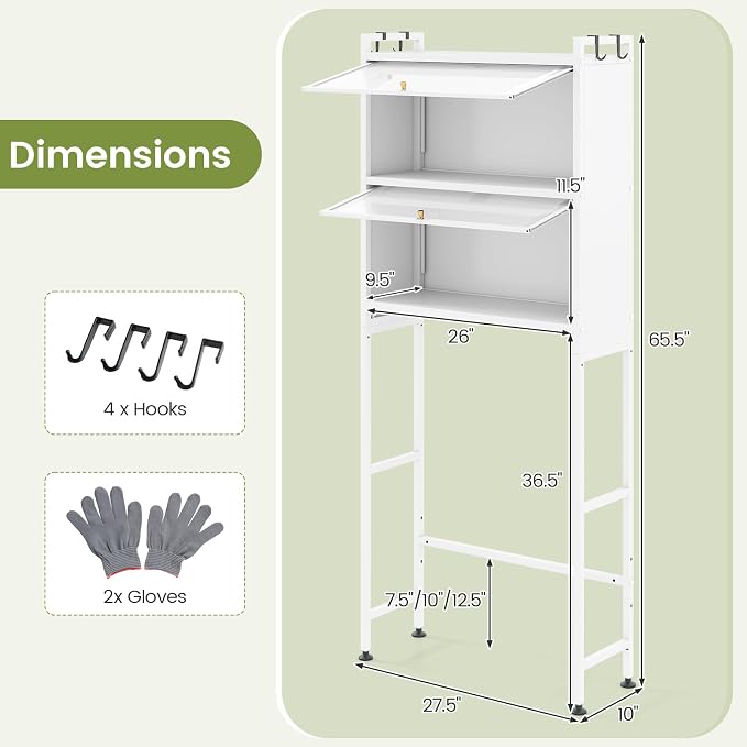 BECOMFORT Over The Toilet Storage Cabinet, Above Toilet Bathroom Shelf with Flip-up PC Doors, Metal Stand & 4 Hooks, Freestanding Space Saver, Over Toilet Bathroom Organizer for Laundry Room (White)