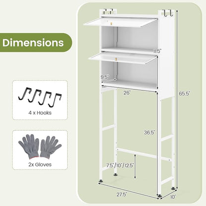 BECOMFORT Over The Toilet Storage Cabinet, Above Toilet Bathroom Shelf with Flip-up PC Doors, Metal Stand & 4 Hooks, Freestanding Space Saver, Over Toilet Bathroom Organizer for Laundry Room (White)