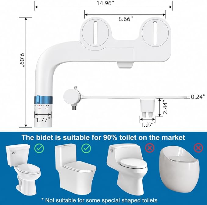 Bidet Attachment For Toilet, Non Electric Dual Nozzle Bathroom Sprayer | Self Cleaning Nozzle, Adjustable Pressure Control, Slim Design, Easy Installation, RV & Home Use