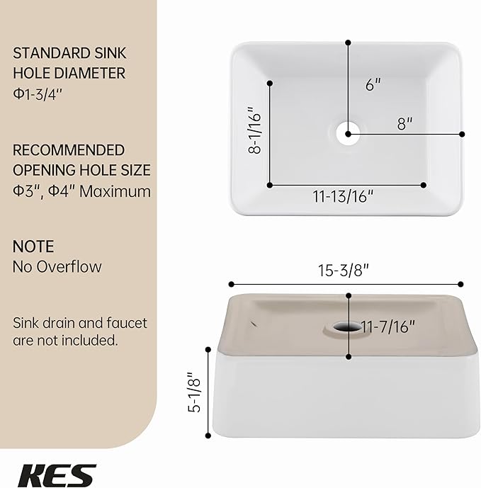 KES Bathroom Vessel Sink, Rectangular 16"X12" White Vessel Sink for Bathroom Countertop, Bathroom Sink Above Counter, Rectangle Porcelain Ceramic Small Vanity Sink, BVS110S40