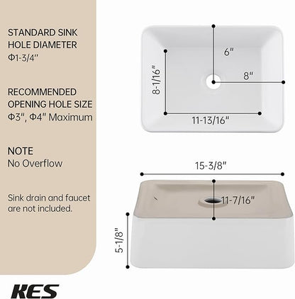 KES Bathroom Vessel Sink, Rectangular 16"X12" White Vessel Sink for Bathroom Countertop, Bathroom Sink Above Counter, Rectangle Porcelain Ceramic Small Vanity Sink, BVS110S40