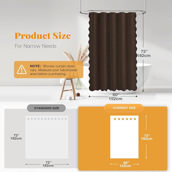 BTTN 60x72 Boho Scalloped Linen Textured Cloth Shower Curtain Set, Brown | Narrow Size, 230GSM Waterproof Polyester, Heavy Duty Fabric, 10 Plastic Hooks, Chic Modern Farmhouse Style, Machine Washable