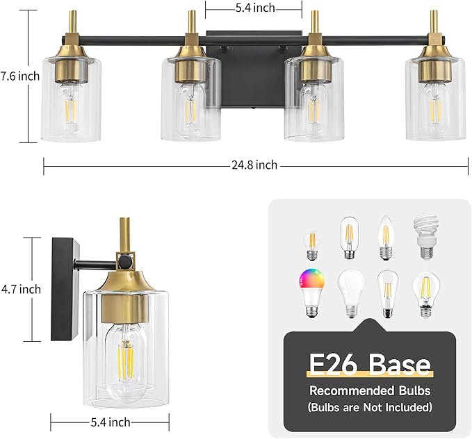 4-Light Modern Bathroom Vanity Light,Black and Gold Light Fixtures for Bathroom,Modern Wall Light Over Mirror with Glass E26 Socket (Bulbs Not Included)