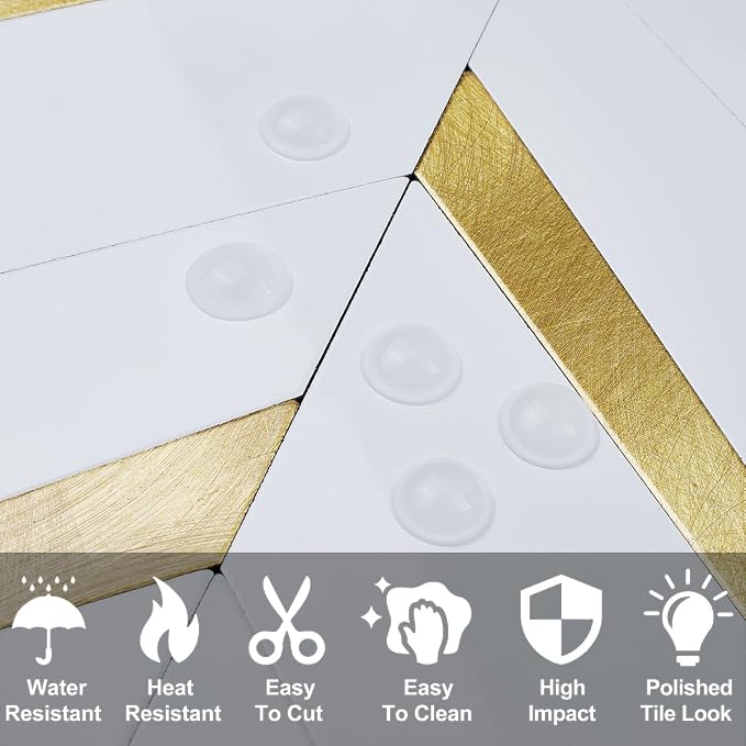DICOFUN 1 Sheet Polished White Herringbone Peel and Stick Backsplash for Kitchen, PVC Mixed Metal Gold Chevron Stick on Backsplash Wall Tiles