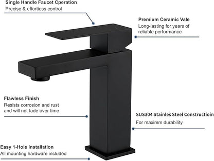 Black Bathroom Sink Faucet One Hole Faucet Single Handle 2 Packs 1 Hole Vanity SUS304 Stainless Steel Faucets for Bathroom Sink Matte Black Bathroom Faucet 2 Pieces, SF3-BK-P2