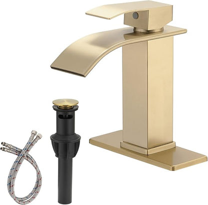 BWE Bathroom Vessel Faucet, Brushed Gold Waterfall Faucet with Pop-up Drain and Water Lines for Vanity Sink, Stainless Steel Construction