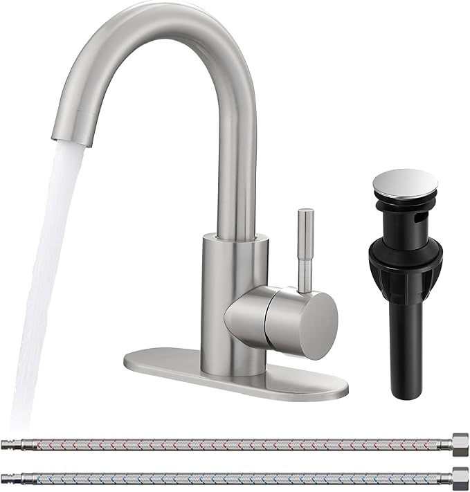 Fransiton Bathroom Faucets, Bar Sink Faucet Single Hole for Bathroom Kitchen Campers with Deck Plate Outdoor Faucet Vessel Farmhouse Vanity Lavatory (Brushed Nickel - C)