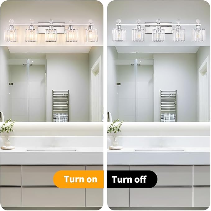 Lxybcce Bathroom Vanity Lights Over Mirror - Easy Installation with Clear Guide, 5-Light Shadow-Free Design, Chrome Crystal Finish - for Modern Home Bathroom Lighting Fixtures in DIY Projects