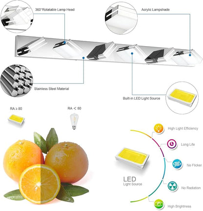 SineRise LED Modern Bathroom Vanity Light Fixtures, Modern Acrylic Bathroom Wall Lighting Fixtures Over Mirror, 6-Light, 48-Inch, Chrome, White