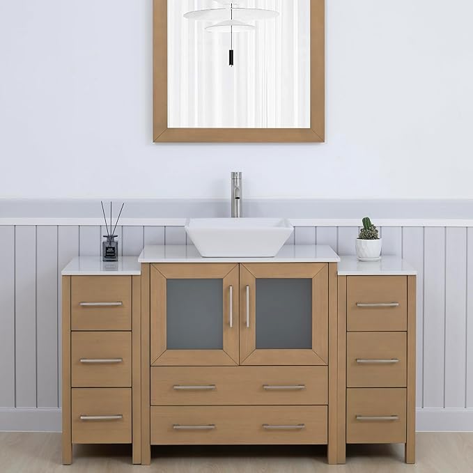 Vanity Art 54 Inch Vessel Single Sink Bathroom Vanity Cabinet with 1 Mirror, Engineered Marble Top Bathroom Cabinet Compact Set with 8 Dovetail Drawers and Soft Closing Doors, VA3130-54NO