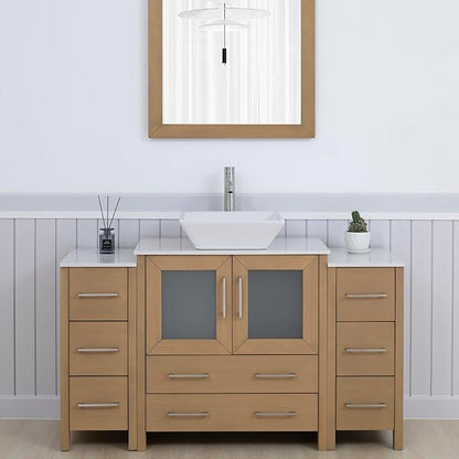 Vanity Art 54 Inch Vessel Single Sink Bathroom Vanity Cabinet with 1 Mirror, Engineered Marble Top Bathroom Cabinet Compact Set with 8 Dovetail Drawers and Soft Closing Doors, VA3130-54NO