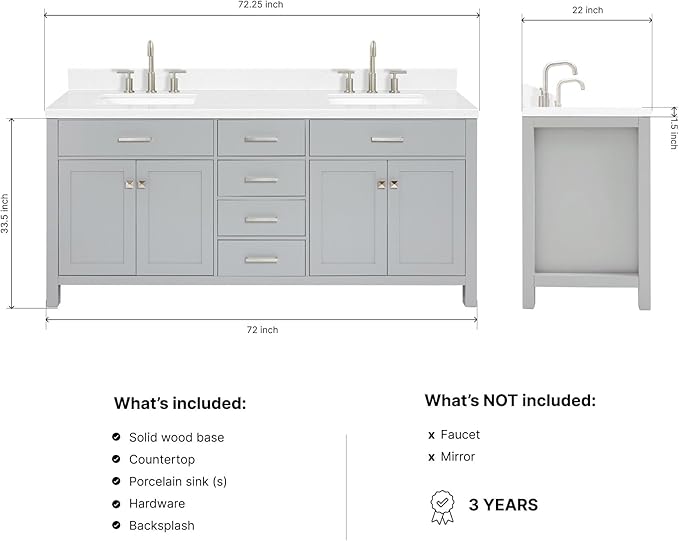 DKB Alenza 72 Inch Bathroom Vanity Double Sink — Grey Bathroom Vanity with Sink, 1.5" Edge Carrara White Quartz Countertop & Backsplash, 4 Soft-Close Doors, 4 Dovetail Drawers