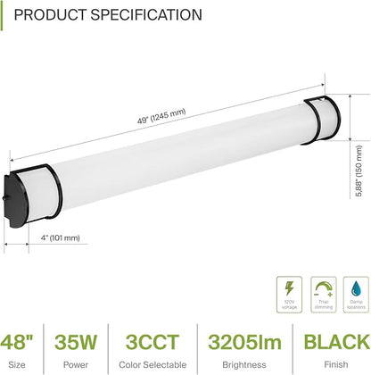 ASD LED 48" Vanity Flush Mount Light Fixture, Linear Bathroom Lighting Bar | 3CCT, Dimmable, Energy Star, ETL Listed | 35W 3200LM 3000-5000K 120V | Long Bath Wall Sconce Over Mirror | Black, 2 Pack