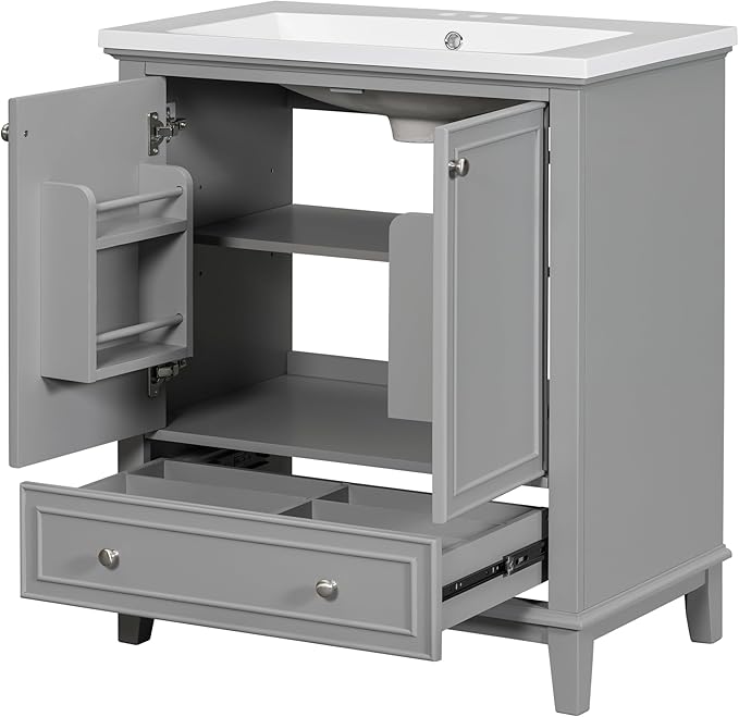 LUMISOL 30" Bathroom Vanity with Sink Set, Modern Single Bathroom Cabinet with Storage Doors and Drawer, Solid Wood Bathroom Vanity with Ceramic Sink, Grey