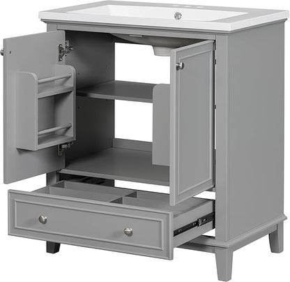 LUMISOL 30" Bathroom Vanity with Sink Set, Modern Single Bathroom Cabinet with Storage Doors and Drawer, Solid Wood Bathroom Vanity with Ceramic Sink, Grey