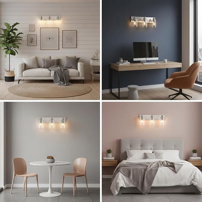 3-Light Bathroom Vanity Light Fixtures,Modern Wall Sconces,Bathroom Lights Over Mirror,Wall Mounted Lamp for Kitchen Living Room Bedroom Hallway,Brushed Nickel Finish with Clear Glass Shade