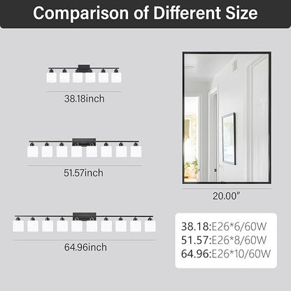 8 Light Black Bathroom Light Fixtures Over Mirror for Big Mirror, Modern Bathroom Lighting with Milky White Frosted Glass Shades,51 inch Lights for Vanity for Mirrors, E26