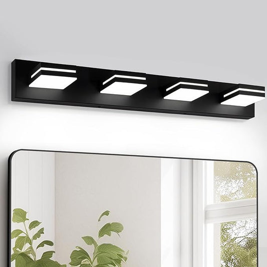 OKELI 4-Light Bathroom Vanity Light Black Modern LED Vanity Light Over Mirror Dimmable Mirror Front Lamp with 350° Adjustable Lamp Head ETL Listed 32W 6000K Cold White