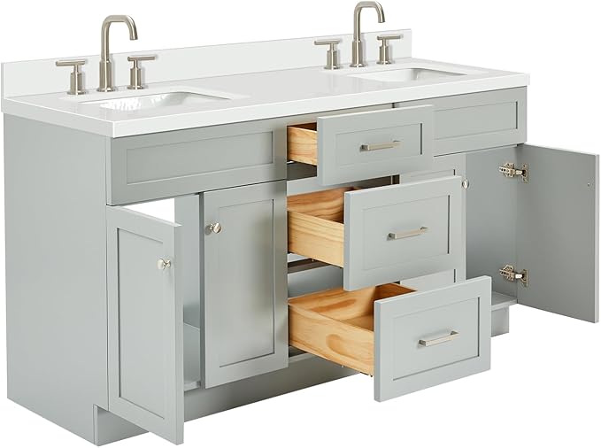 ARIEL Hamlet 66-inch Bathroom Vanity with Sink,Solid Wood, 1.5-inch Pure White Quartz Countertop & Backsplash, Double Rectangular Porcelain Sink, 4 Soft Closing Doors, 3 Dovetail Drawers, Grey
