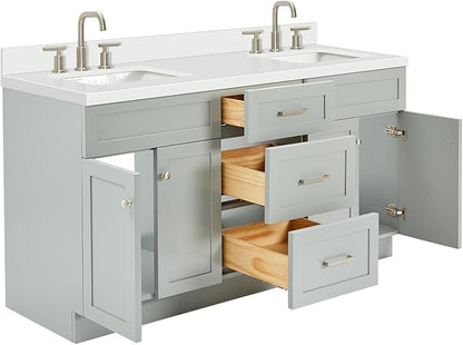 ARIEL Hamlet 66-inch Bathroom Vanity with Sink,Solid Wood, 1.5-inch Pure White Quartz Countertop & Backsplash, Double Rectangular Porcelain Sink, 4 Soft Closing Doors, 3 Dovetail Drawers, Grey