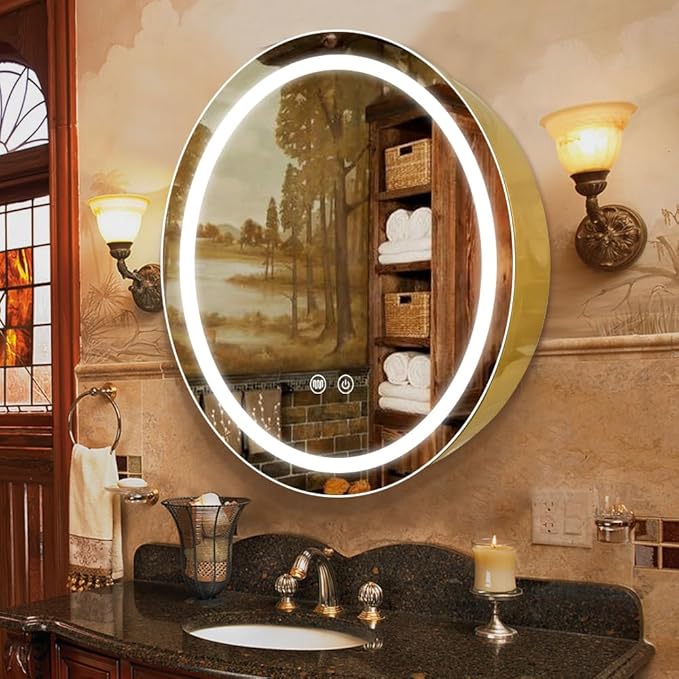 28inch Round Medicine Cabinet with Lights,Led Medicine Cabinet with Defogger,Illuminated Mirror Cabinet for Bathroom,Dimmable,Anti-Fog,3 Colors,Surface Mount only,Gold