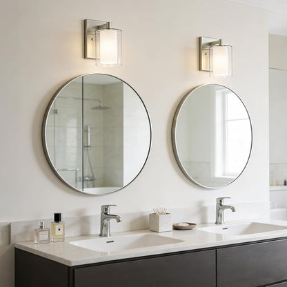 Wall Sconces Set of Two, Modern Brushed Nickel Vanity Wall Lights | Double Clear Glass Shades With E26 Base, Farmhouse Wall Lights For Bathroom, Bedroom, Living Room, Mirror And Hallway.