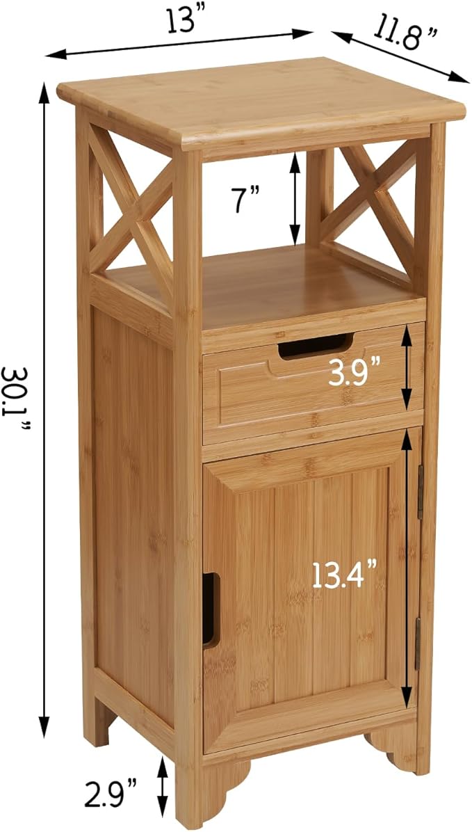 Fully Assembled 30" High Bamboo End Side Table, Preassembled Bathroom Floor Cabinet, Tall Nightstand for Bedroom