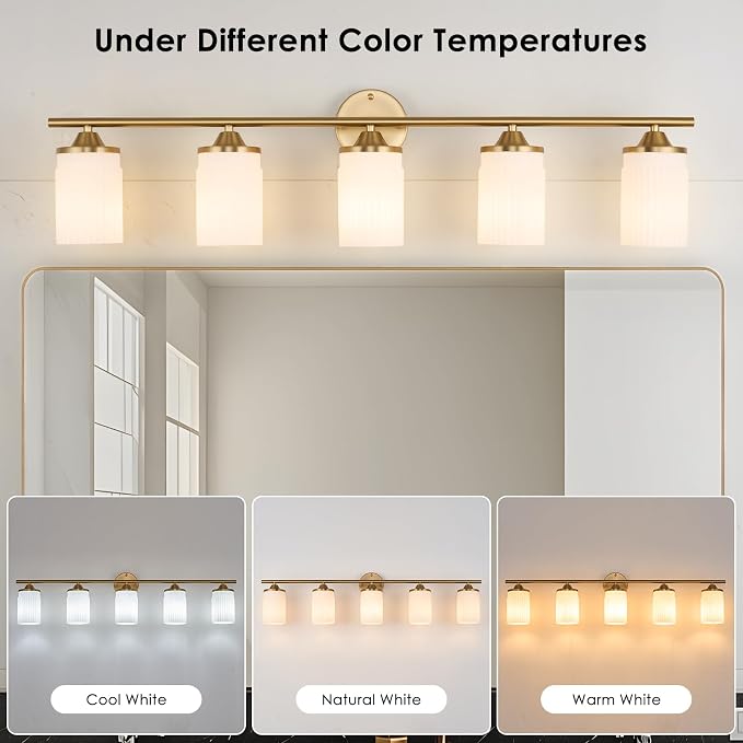 Jonsi Gold Bathroom Light Fixtures 5-Light Vanity Lights Modern Wall Sconce with Milk White Shade Brushed Brass Bathroom Light Fixture Over Mirror for Bedroom Hallway Kitchen