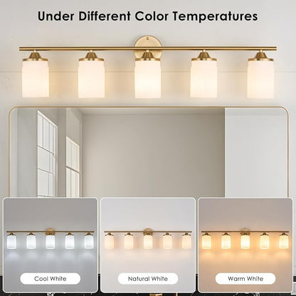 Jonsi Gold Bathroom Light Fixtures 5-Light Vanity Lights Modern Wall Sconce with Milk White Shade Brushed Brass Bathroom Light Fixture Over Mirror for Bedroom Hallway Kitchen