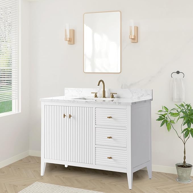 HOMEBEYOND 42" Bathroom Vanity with Sink, Solid Wood Bathroom Vanity Free-Standing Cabinet, Drawers, Ceramic Top & Soft Closing Door, Golden Brushed Handware, White