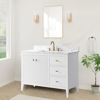 HOMEBEYOND 42" Bathroom Vanity with Sink, Solid Wood Bathroom Vanity Free-Standing Cabinet, Drawers, Ceramic Top & Soft Closing Door, Golden Brushed Handware, White