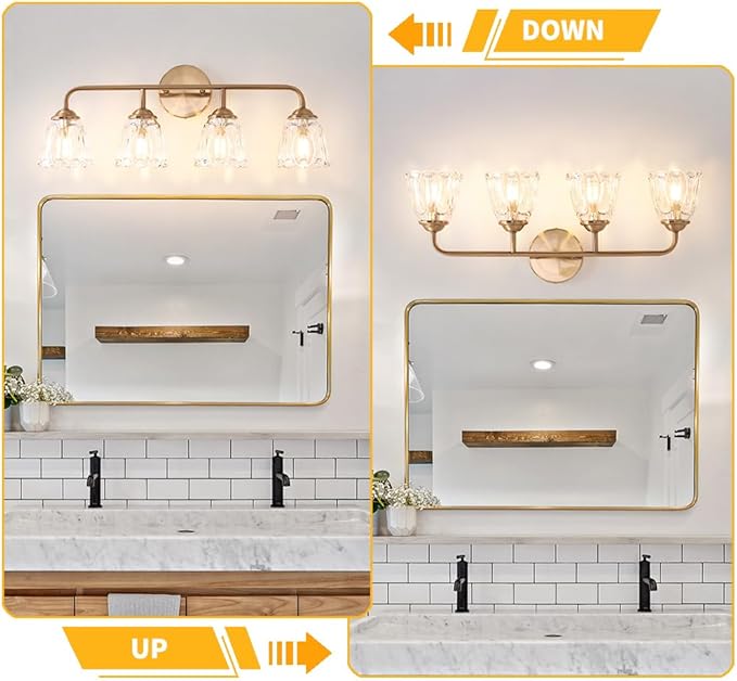 Vintage Bathroom Vanity Light, Brown Bronze Vanity Lighting, 4-Light Bathroom Lighting Fixtures Over Mirror, Elegant Flower Glass Light with Clear Shade, Gold Wall Sconce Lighting for Bedroom