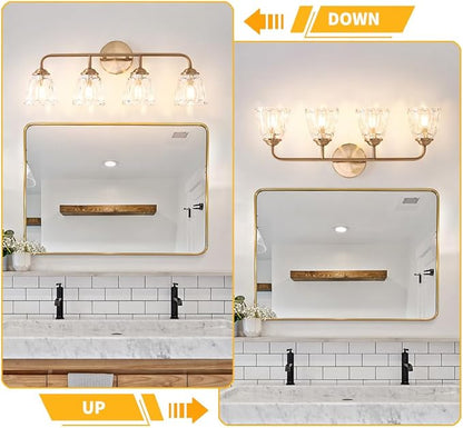 Vintage Bathroom Vanity Light, Brown Bronze Vanity Lighting, 4-Light Bathroom Lighting Fixtures Over Mirror, Elegant Flower Glass Light with Clear Shade, Gold Wall Sconce Lighting for Bedroom