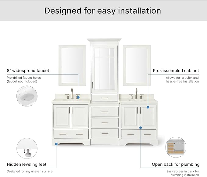ARIEL Stafford 84-inch Bathroom Vanity with Sink,Solid Wood, 1.5-inch Pure White Quartz Countertop & Backsplash, Double Oval Porcelain Sink, 5 Soft Closing Doors, 6 Dovetail Drawers, White