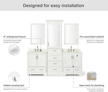ARIEL Stafford 84-inch Bathroom Vanity with Sink,Solid Wood, 1.5-inch Pure White Quartz Countertop & Backsplash, Double Oval Porcelain Sink, 5 Soft Closing Doors, 6 Dovetail Drawers, White