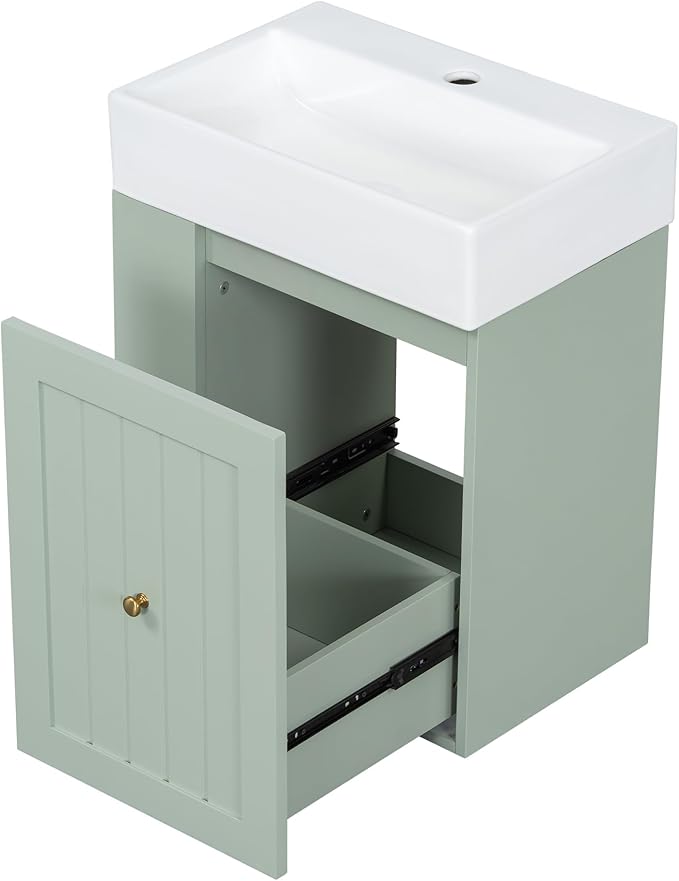 Harper & Bright Designs 20" Bathroom Vanity with Sink, Wall-Mounted Single Basin Vanity Set with One Drawer & Two-Tier Left Side Storage Shelf, Storage Cabinet with Ceramic Basin for Bathroom, Green