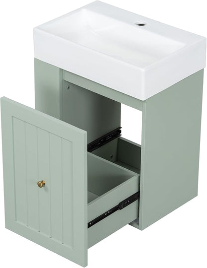 Harper & Bright Designs 20" Bathroom Vanity with Sink, Wall-Mounted Single Basin Vanity Set with One Drawer & Two-Tier Left Side Storage Shelf, Storage Cabinet with Ceramic Basin for Bathroom, Green