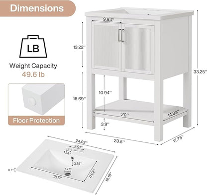 Tribesigns 48" Bathroom Vanity with Sink, Modern Freestanding Vanity with Ceramic Porcelain Basin, 2-Door Storage Cabinet & Open Shelf for Small Bathroom, Industrial, White