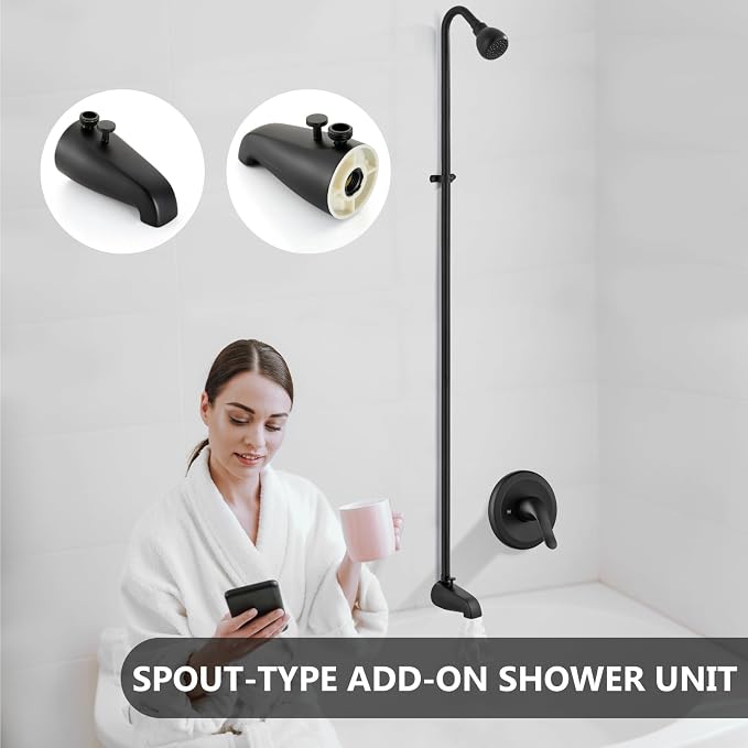 Tub Shower Conversion Kit with Riser and Shower Head, Matte Black | 70-Inch SUS304 Shower Riser, 360° Swivel Head, Diverter Tub Spout, Wall Mount