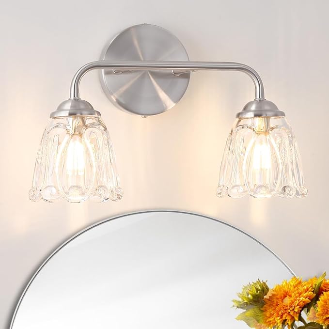 Vintage Bathroom Vanity Light, Brushed Nickel Vanity Lights Over Mirror, 2-Light Elegant Bathroom Light Fixture with Flower Glass Shade, Wall Sconce Lighting for Bedroom Lining Room
