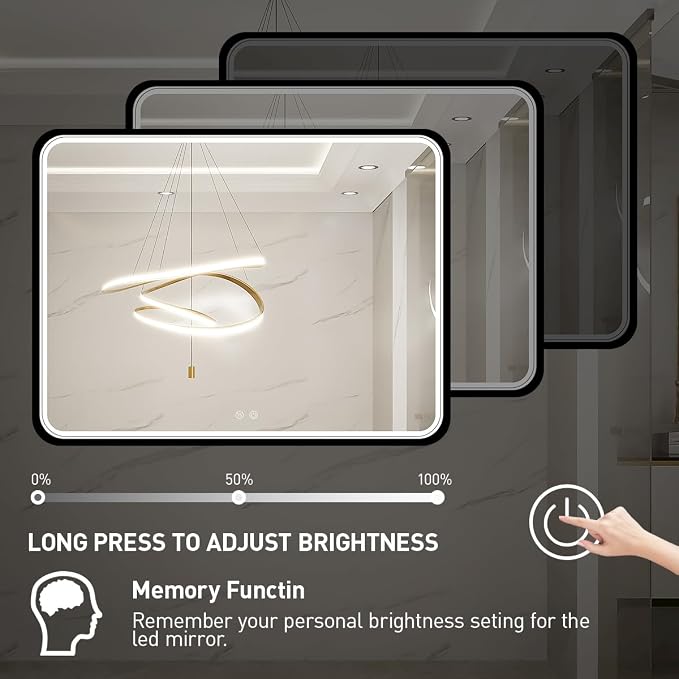 40x30 Inch LED Black Frame Bathroom Mirror,3- Color | ETL Listed,Anti-Fog,3000K/4500K/6000K Dimmable,Horizontal & Vertical,Wall Mounted,Memory Function