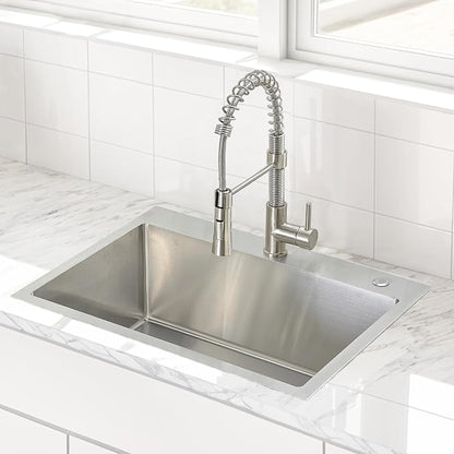 HOTIS 24 x 18 Inch Drop In Kitchen Sink, Overmount 304 Stainless Steel RV Laundry Utility Sink, Topmount Extra-thick 16 Gauge Brushed Nickel Single Bowl Sink with Dish Grid & Drain